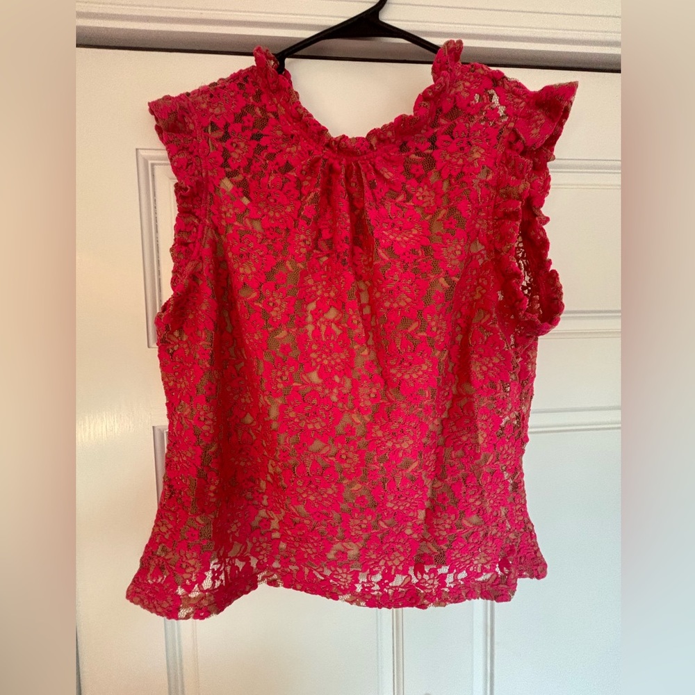 Hot pink sleeveless Anthropologie stretch lace top with built in nude camisole